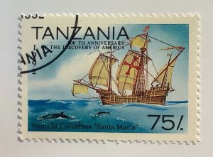 Tanzania 1992 Scott 991 CTO - 75sh, Discovery of America,  Sailboat, Santa Maria