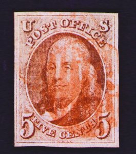 . US #1 1847 Four Clear Margins, Red Cancel  VF  CV $425.00