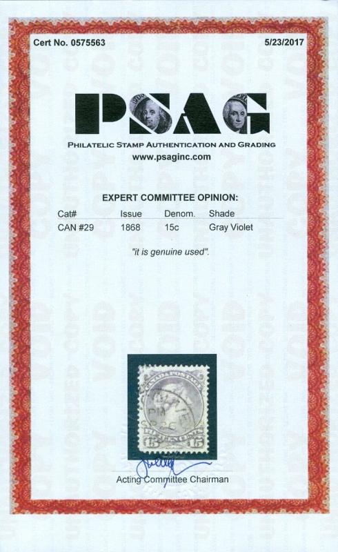 EDW1949SELL : CANADA 1868 Scott #29 XF, Used. Perfect color. PSAG Cert. Cat $65