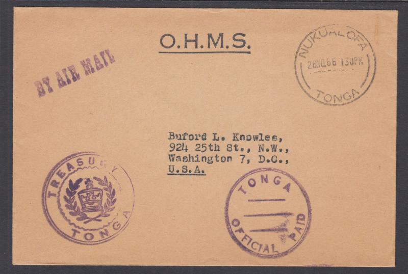 Tonga, 1966 Stampless OHMS Cover to Washington, D.C., VF