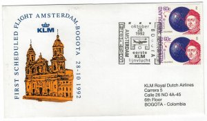 Netherlands 1992 Cover Stamps First Flight Amsterdam Bogota Colombia KLM