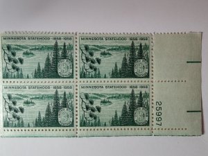 SCOTT #1106 PLATE BLOCK# 25997 LR MINNESOTA STATEHOOD MINT NEVER HINGED