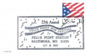 US SPECIAL PICTORIAL CANCEL POSTAL CARD FELL'S POINT FESTIVAL BALTIMORE MD 1991