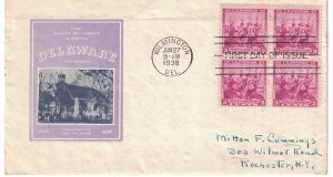 1938 FDC, #836, 3c Delaware Tercentenary, Ioor, block of 4
