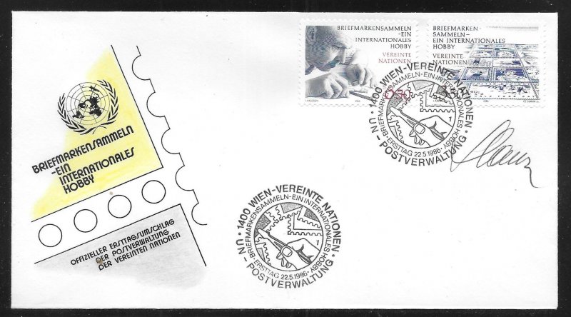 UN Vienna  62-3 1986 Stamp Collecting FDC Geneva Cachet signed by Slania