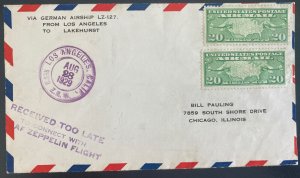 1929 Los Angeles CA USA Too Late For The Graf Zeppelin First Round Flight cover