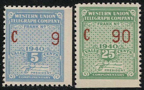 US 1940 Sc 16T97-98 MNH Western Union Telegraph Co., Serial #C9,C90, F-VF