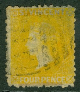 Sg 12 St Vincent 1869. 4d Jaune, N° Wmk , Perf 11-12 ½ . Très Bien Utilisé Chat