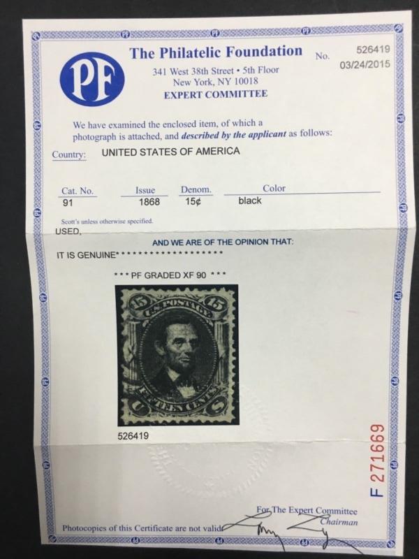 MOMEN: US STAMPS #91 USED PF CERTIFICATE GRADED XF-90