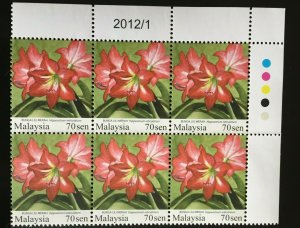 Malaysia 2011 Garden Flowers 70s 6V Block MarginPlate 2012/1 MNH SG#1671C M2808l