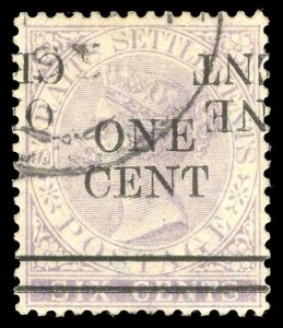 Malaya Straits 1891 QV 1c on 6c OVERPRINT DOUBLE, ONE INVERTED error VFU. SG 90a