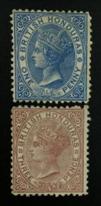 MOMEN: BRITISH HONDURAS SG #6-7 1872-9 CROWN CC P12.5 MINT OG H £290 LOT #61803