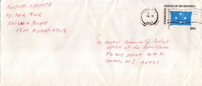 Caroline Islands Micronesia 20c Flag Envelope c1983 Ponape CI, 96941 to Guam,...