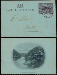 TASMANIA Lettercard 1900 Pictorial 2d violet on blue, view Cataract Gorge.