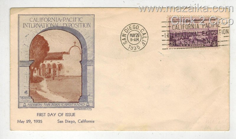 1935 CALIFORNIA PACIFIC INTERNATIONAL EXHIBITION FDC 773-7A GRANDY COLOR VARIETY