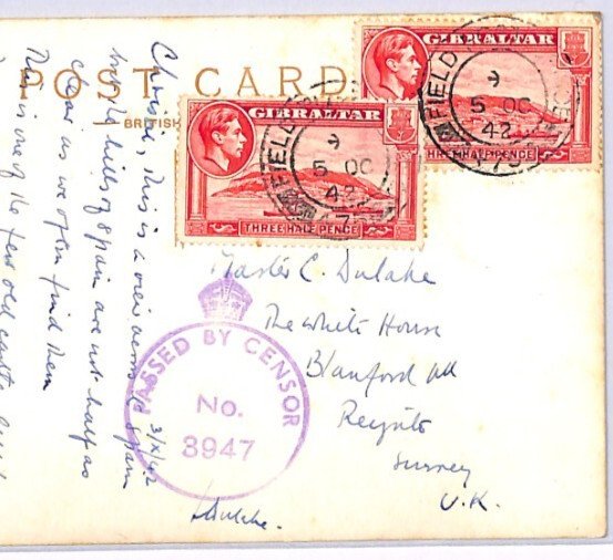 GIBRALTAR KGVI Postcard *Moorish Castle* Real Photo WW2 CENSOR 1942 Surrey XH147