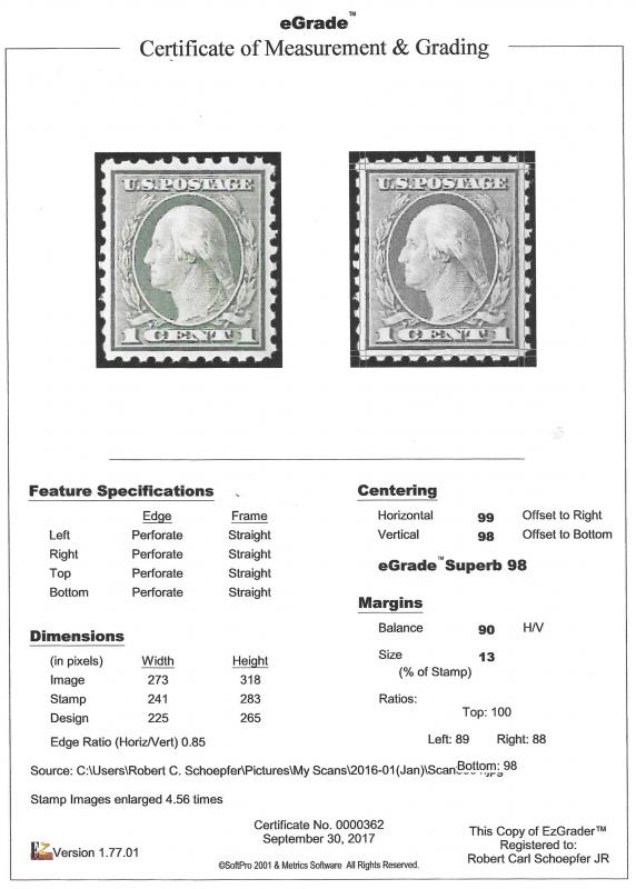 543 1 cent Washington, Green Stamp Mint OG NH EGRADED SUPERB 98 XXF