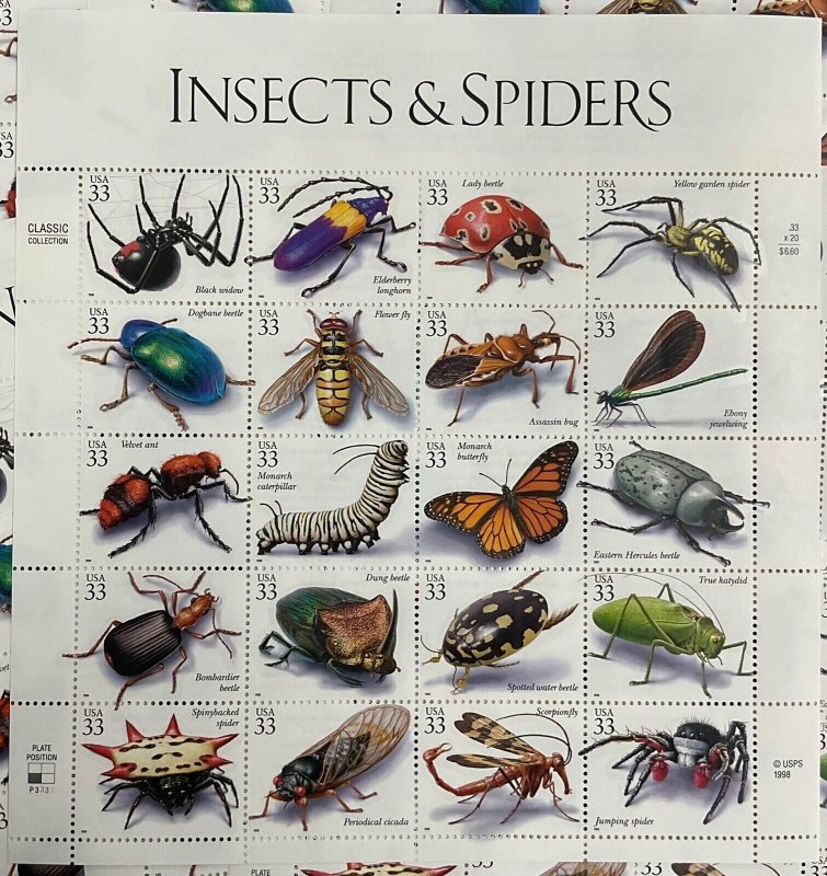 3351   Insects & Spiders Lot of 10 MNH 33 c Sheets of 20 FV $66 1999