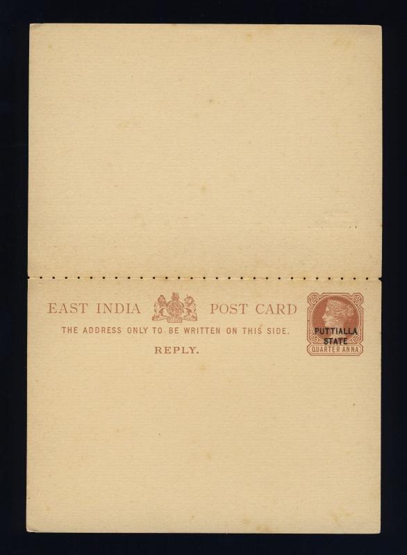 INDIA / PATIALA STATE - 1892 1/4 Anna BROWN POSTAL CARD with REPLY PAID MINT (a)