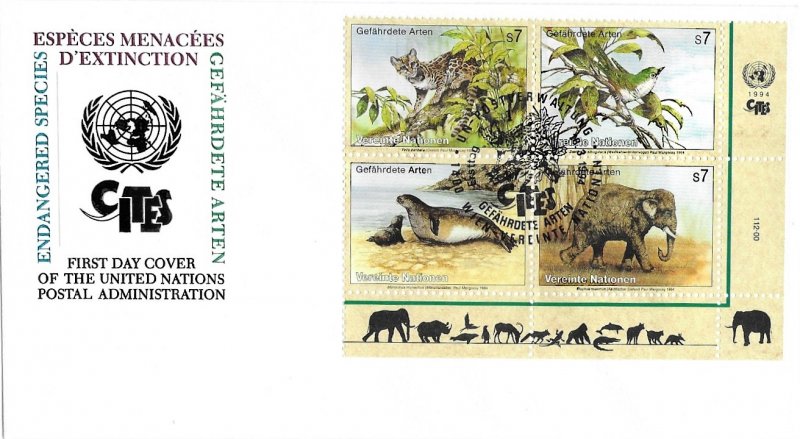 1994 UN FDC, Vienna #162-165, Endangered Species, inscription block