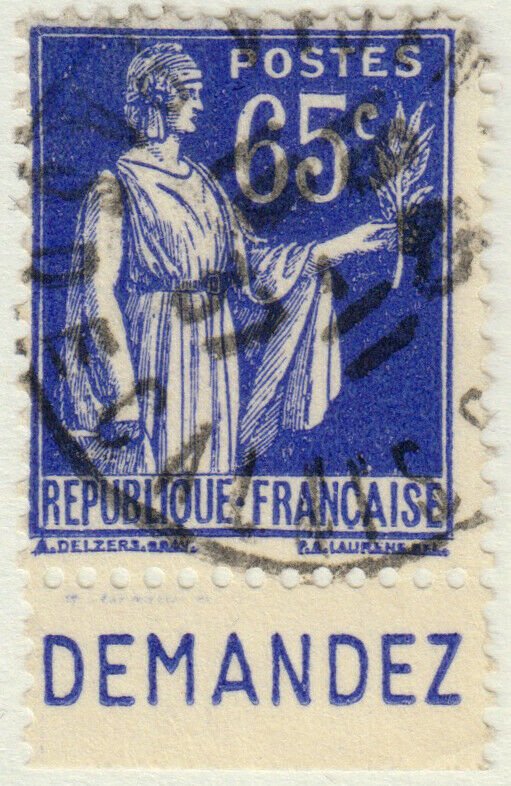 FRANCE - 1937 Pub CCP (DEMANDEZ) sur Yv.365b 65c Paix - Obl. TB (A2)