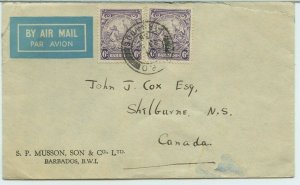 2 x 6d BARBADOS air mail cover to Canada 1938 cover Canada