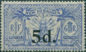 New Hebrides 1924 SG42 5d on 2½d blue Weapons Idols MH