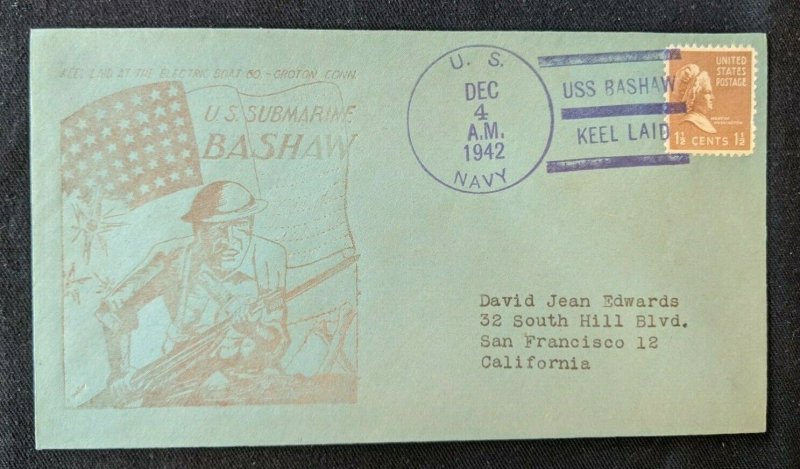 1942 USS Bashaw Keel Laid US Navy Submarine Naval Cover Electric Boat Co