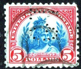 SC# 573 - ($5) - Head of Freedom Statue, used Perfin single GT