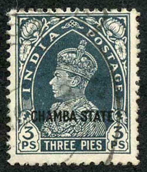 CHAMBA STATE SG82 KGVI 3p Slate Fine Used (genuine postmark)