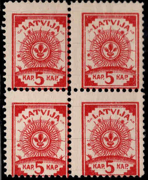 Latvia Scott 6 MNH** Block of 4 coat of arms stamps on ruled paper