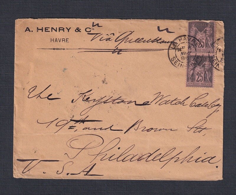 FRANCE 1885 25C SAGE PAIR ON COVER LE HAVRE TO PHILADELPHIA PENNSYLVANIA USA