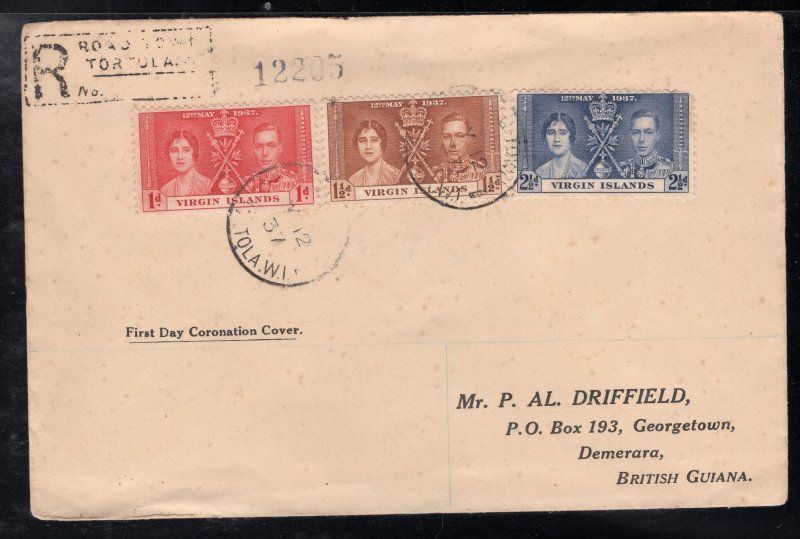 British Virgin Islands 1937 Registered Coronation FDC to British Guiana