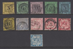 Baden Sc 2/28 used. 1851-68 issues,  11 different with thins, nice appearing