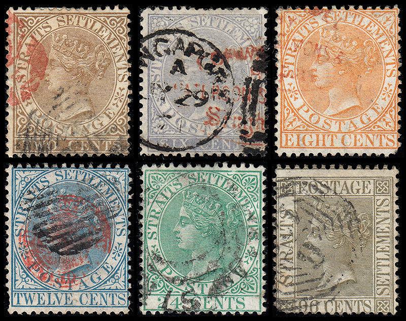 Straits Settlements Scott 10, 12-15, 18 (1867-72) Used G-F-VF, CV $107.50