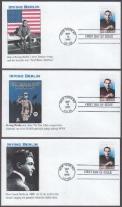 USA # 3669.2 FDC X 5 DIFF CACHETS - IRVING BERLIN, JEWISH AMERICAN COMPOSER