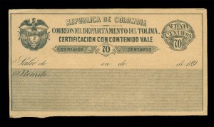 COLOMBIA 1896 TOLIMA - INSURED LETTER STAMPS Cubiertas  70c  Sc# G24 mint MH 