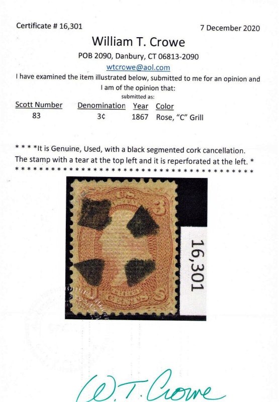 US Scott#83 C Grill 1867 3c Washington, Cert.