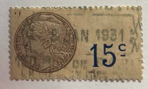 French revenue tax stamp used - 15c,  postal Fiscal timbre used in 1931