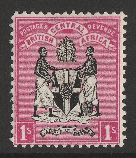 BRITISH CENTRAL AFRICA : 1895 Arms 1/- black & rose, no wmk.