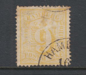 Hamburg Sc 21 used. 1864-65 9s yellow Numeral, perf 13½, Hamburg CDS, thin