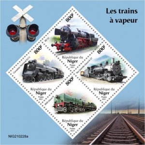 Niger - 2021 Steam Trains on Stamps - 4 Stamp Sheet - NIG210228a