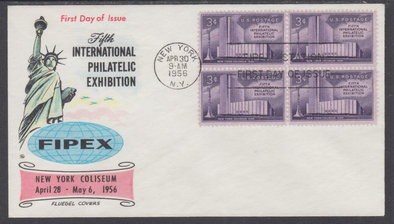 US Mel 1076-12 FDC. 1956 3c FIPEX, Fluegel Color Cachet, Block of 4, VF