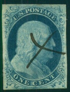 US #7v 1¢ blue, Type II Plate 3, used w/pen cancel, large margins, VF, PF cert