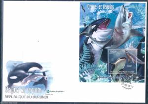 BURUNDI  2012  PROTECTION OF NATURE ORCAS AND SHARKS  S/S  FIRST DAY COVER