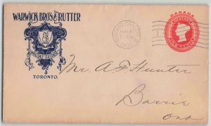Canada 1903 Warwick Bros Advertising Postal Stationery Cover Toronto to Barrie