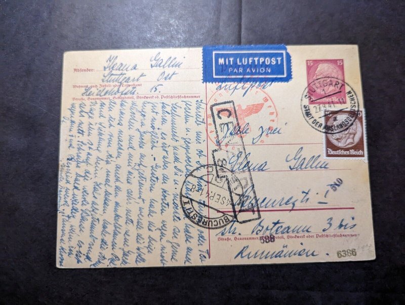 1941 Censored Germany Airmail Postcard Cover Stuttgart to Bucharest Romania