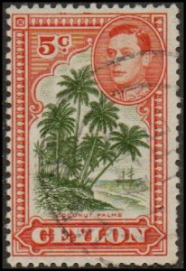 Ceylon 292 - Used - 5c Coconut Palms (Perf 12) (1947)