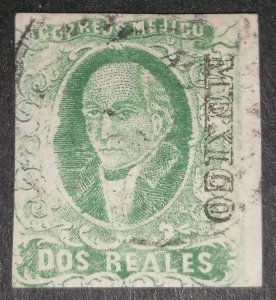 Mexico 2 reales 1856 emerald green w Mexico overprint bold font