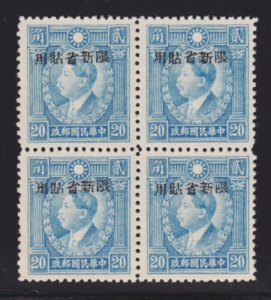 China, Sinkiang Sc 197 MNH. 1943 20c Lt. Blue, Block